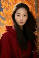 photo of emotional dynamic pose Asian woman in autumn AI Generative