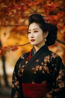 photo of emotional dynamic pose Asian woman in autumn AI Generative