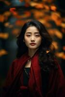 photo of emotional dynamic pose Asian woman in autumn AI Generative