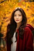 photo of emotional dynamic pose Asian woman in autumn AI Generative