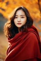 photo of emotional dynamic pose Asian woman in autumn AI Generative