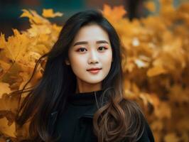 photo of emotional dynamic pose Asian woman in autumn AI Generative