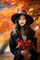 photo of emotional dynamic pose Asian woman in autumn AI Generative