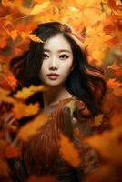 photo of emotional dynamic pose Asian woman in autumn AI Generative