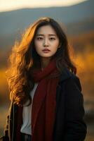foto de emocional dinámica actitud asiático mujer en otoño ai generativo