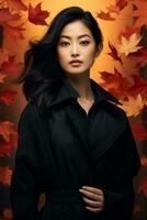 photo of emotional dynamic pose Asian woman in autumn AI Generative