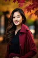 photo of emotional dynamic pose Asian woman in autumn AI Generative