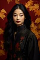 photo of emotional dynamic pose Asian woman in autumn AI Generative