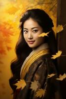 photo of emotional dynamic pose Asian woman in autumn AI Generative