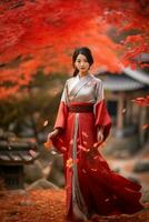 photo of emotional dynamic pose Asian woman in autumn AI Generative