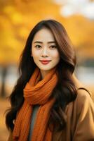 photo of emotional dynamic pose Asian woman in autumn AI Generative