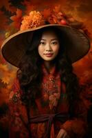 photo of emotional dynamic pose Asian woman in autumn AI Generative