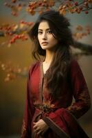 photo of emotional dynamic pose Asian woman in autumn AI Generative