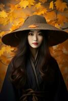 photo of emotional dynamic pose Asian woman in autumn AI Generative