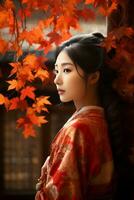 photo of emotional dynamic pose Asian woman in autumn AI Generative