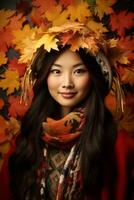 photo of emotional dynamic pose Asian woman in autumn AI Generative