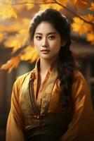 photo of emotional dynamic pose Asian woman in autumn AI Generative