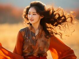 photo of emotional dynamic pose Asian woman in autumn AI Generative