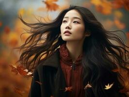 photo of emotional dynamic pose Asian woman in autumn AI Generative