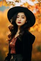 photo of emotional dynamic pose Asian woman in autumn AI Generative