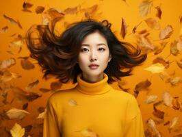 photo of emotional dynamic pose Asian woman in autumn AI Generative