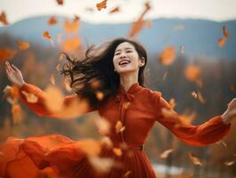 photo of emotional dynamic pose Asian woman in autumn AI Generative