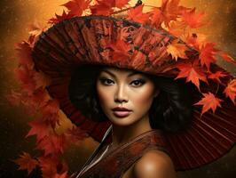 photo of emotional dynamic pose Asian woman in autumn AI Generative