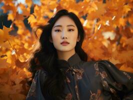 photo of emotional dynamic pose Asian woman in autumn AI Generative