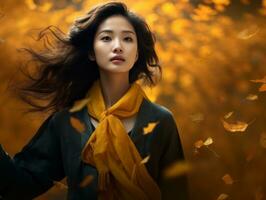 photo of emotional dynamic pose Asian woman in autumn AI Generative