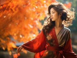 photo of emotional dynamic pose Asian woman in autumn AI Generative