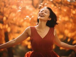 foto de emocional dinámica actitud asiático mujer en otoño ai generativo