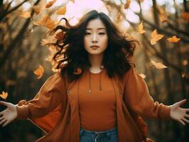 photo of emotional dynamic pose Asian woman in autumn AI Generative