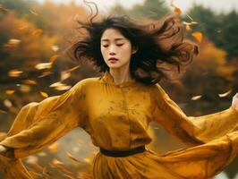 photo of emotional dynamic pose Asian woman in autumn AI Generative