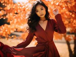 photo of emotional dynamic pose Asian woman in autumn AI Generative