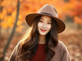 photo of emotional dynamic pose Asian woman in autumn AI Generative