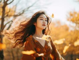 photo of emotional dynamic pose Asian woman in autumn AI Generative