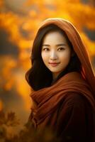 photo of emotional dynamic pose Asian woman in autumn AI Generative