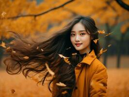 photo of emotional dynamic pose Asian woman in autumn AI Generative