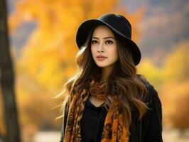 photo of emotional dynamic pose Asian woman in autumn AI Generative