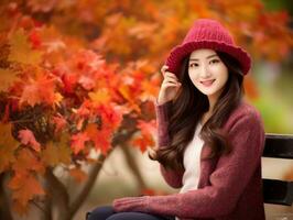 photo of emotional dynamic pose Asian woman in autumn AI Generative