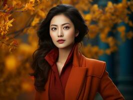 photo of emotional dynamic pose Asian woman in autumn AI Generative