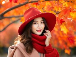 photo of emotional dynamic pose Asian woman in autumn AI Generative