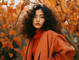 photo of emotional dynamic pose Asian woman in autumn AI Generative