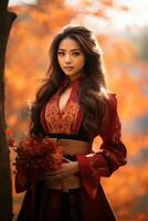 photo of emotional dynamic pose Asian woman in autumn AI Generative