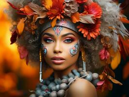 photo of emotional dynamic pose Brazilian woman in autumn AI Generative