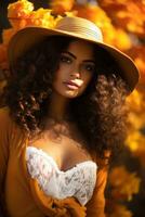 photo of emotional dynamic pose Brazilian woman in autumn AI Generative