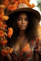 photo of emotional dynamic pose Brazilian woman in autumn AI Generative