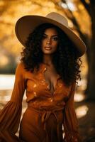 photo of emotional dynamic pose Brazilian woman in autumn AI Generative