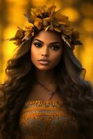 photo of emotional dynamic pose Brazilian woman in autumn AI Generative