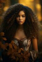 photo of emotional dynamic pose Brazilian woman in autumn AI Generative